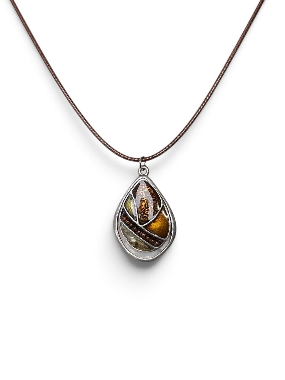 🤎 Silver Tone Teardrop Pendant with Enamel Design in Earth Tones